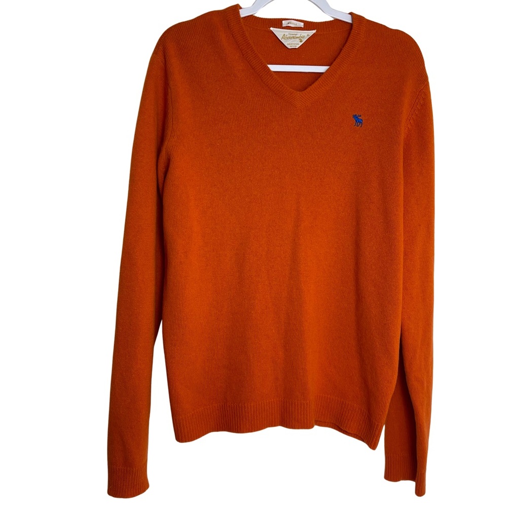 Vintage Abercrombie Mens Wool Blend  Orange  V-neck Sweater Blue Moose Sz XL